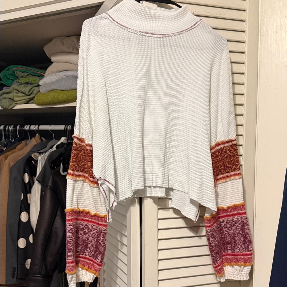 Free People White Long Sleeve Top with Multicolor Patterned Sleeves
